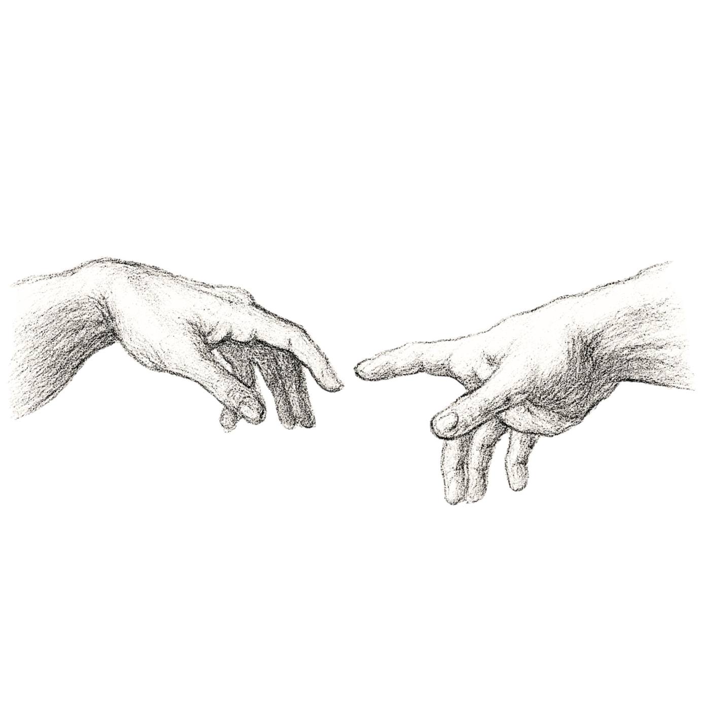 Pencil drawing of two hands reaching toward each other, nearly touching.