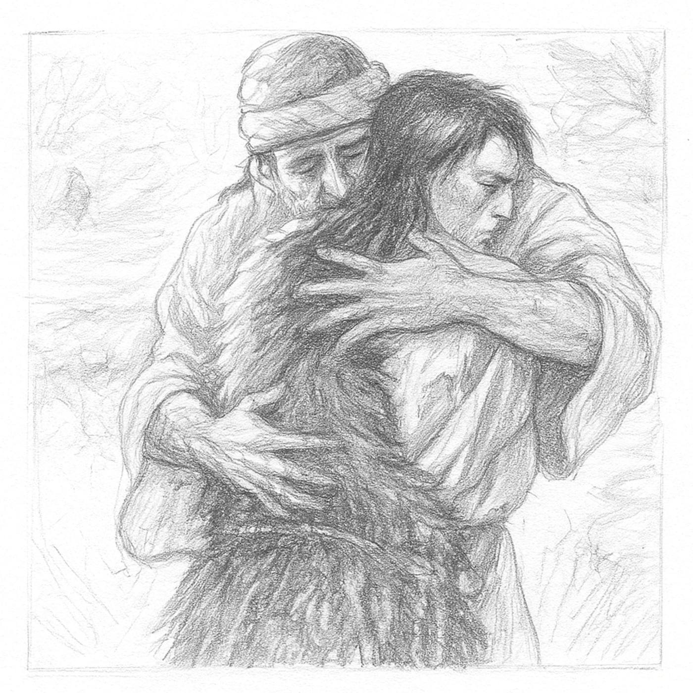 Pencil drawing of a father embracing his son.