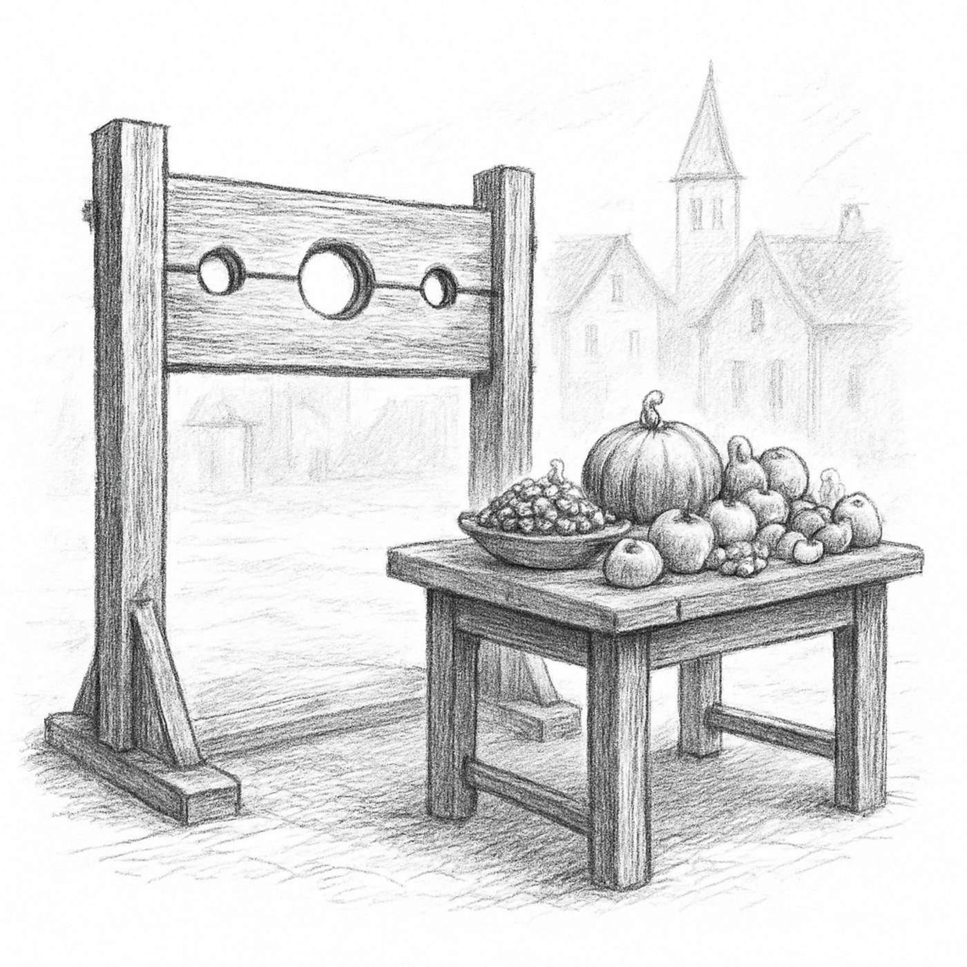 Pencil drawing of wooden stocks beside a table of fruit and a pumpkin.