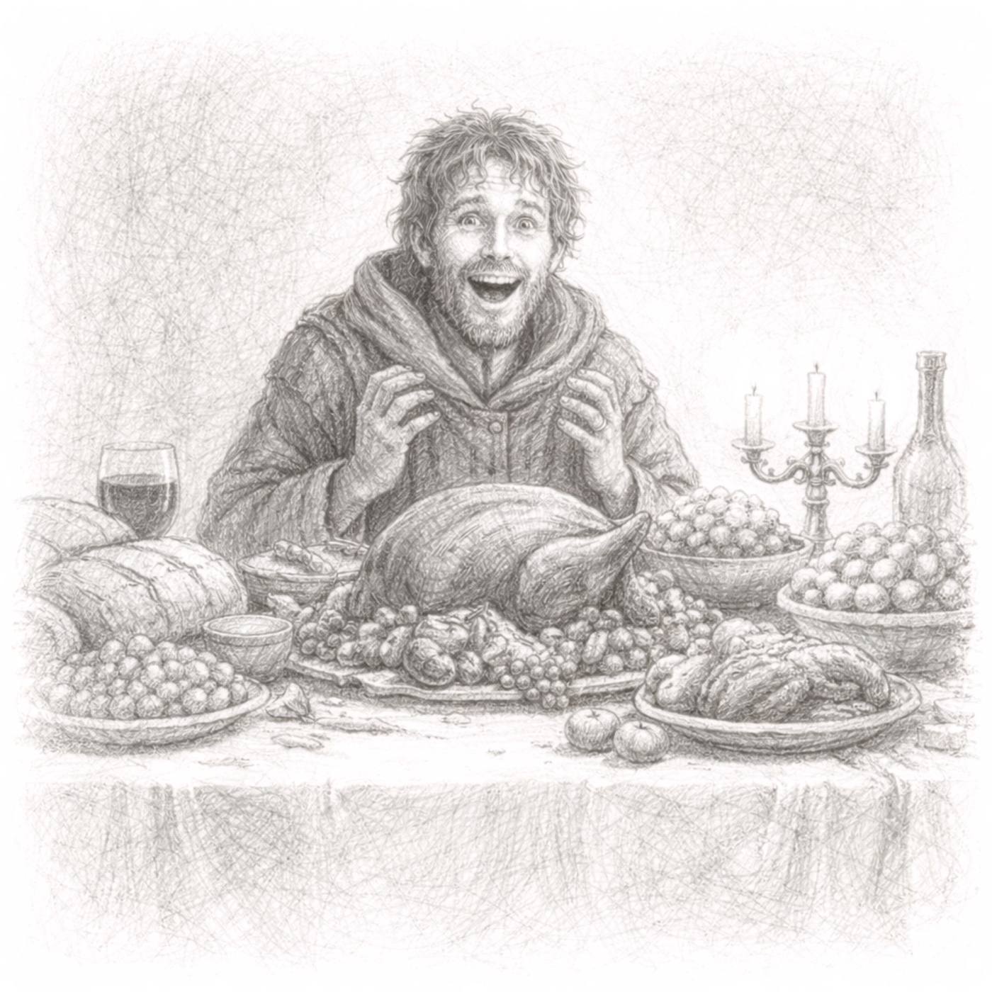 Pencil drawing of a ragged, joyful man seated before a feast.