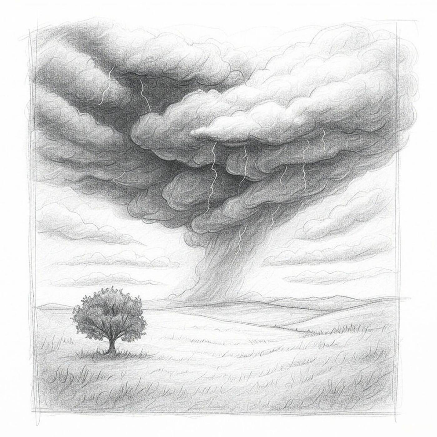 Pencil drawing of a huge storm cloud and lightning over a lone tree.