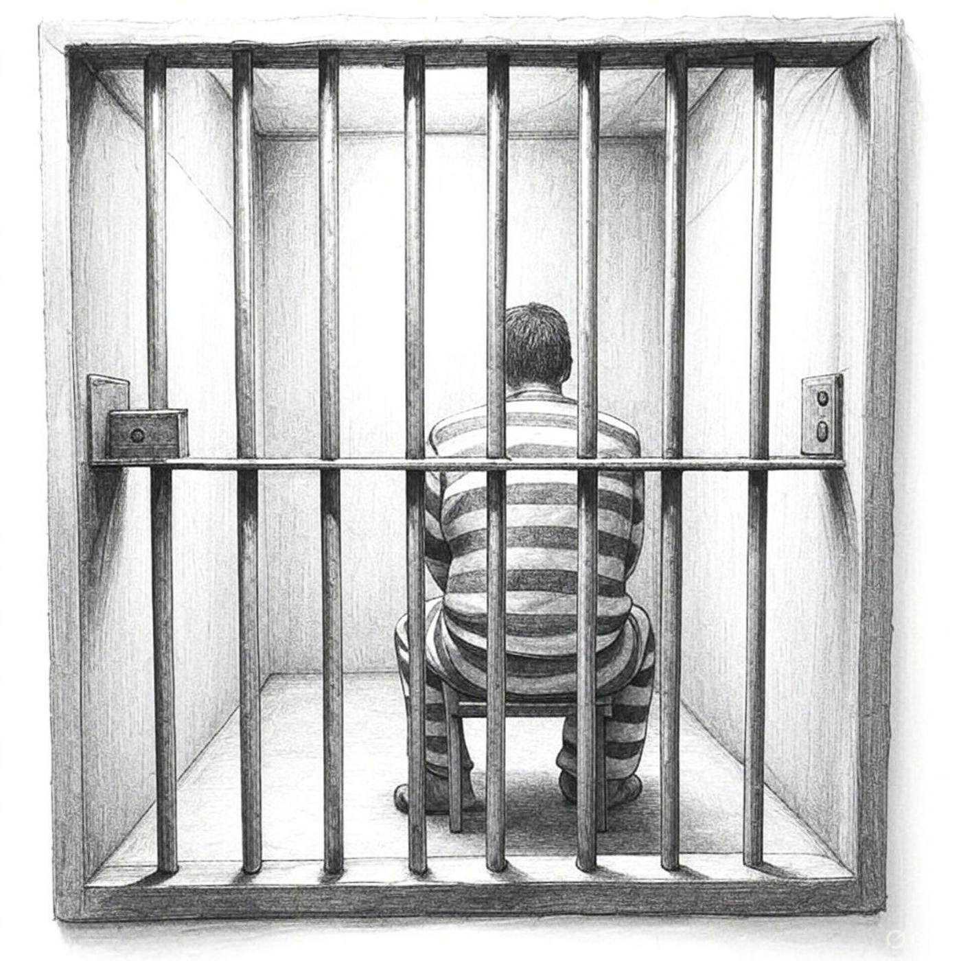 Pencil drawing of a prisoner seated behind locked bars.