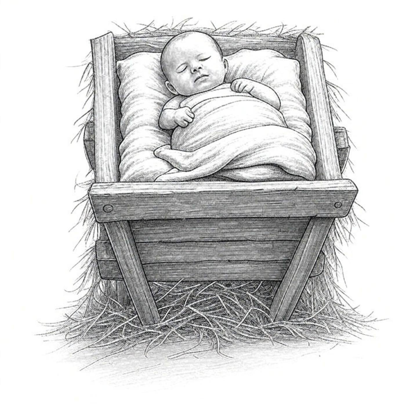 Pencil drawing of a newborn sleeping in a wooden manger.