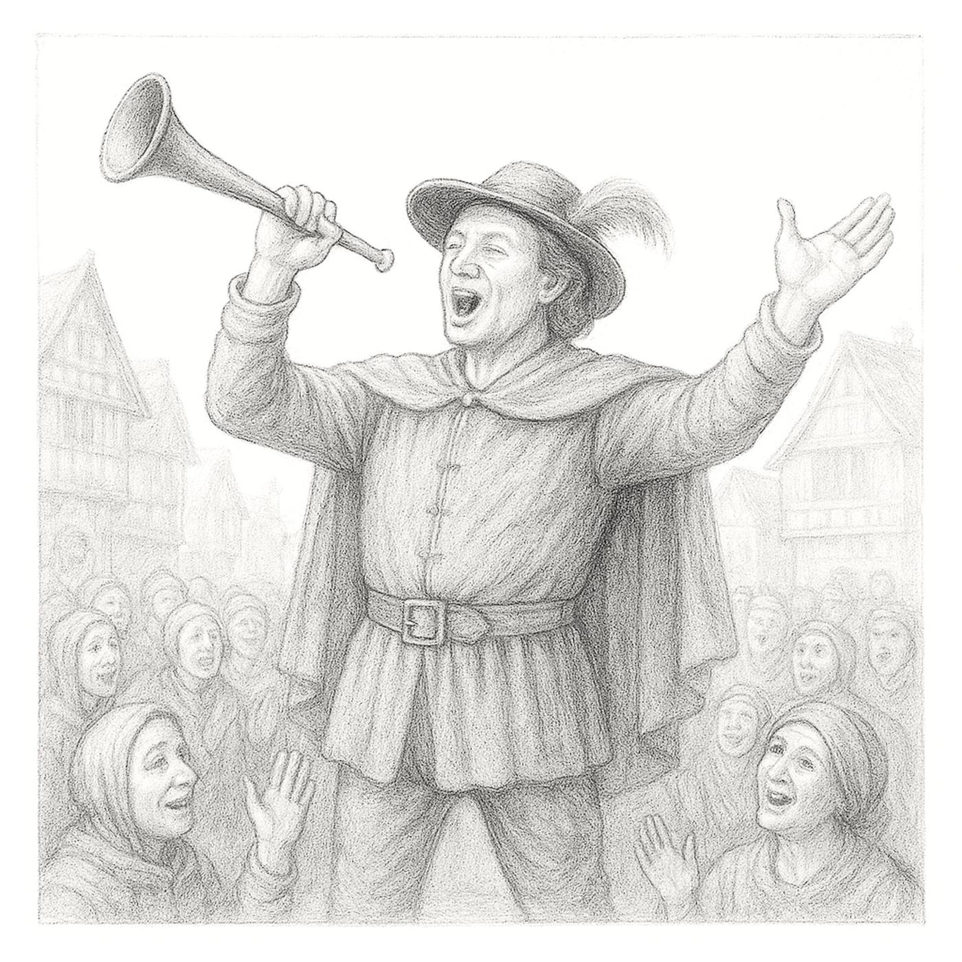 Pencil drawing of a town crier with a horn addressing a joyful crowd.