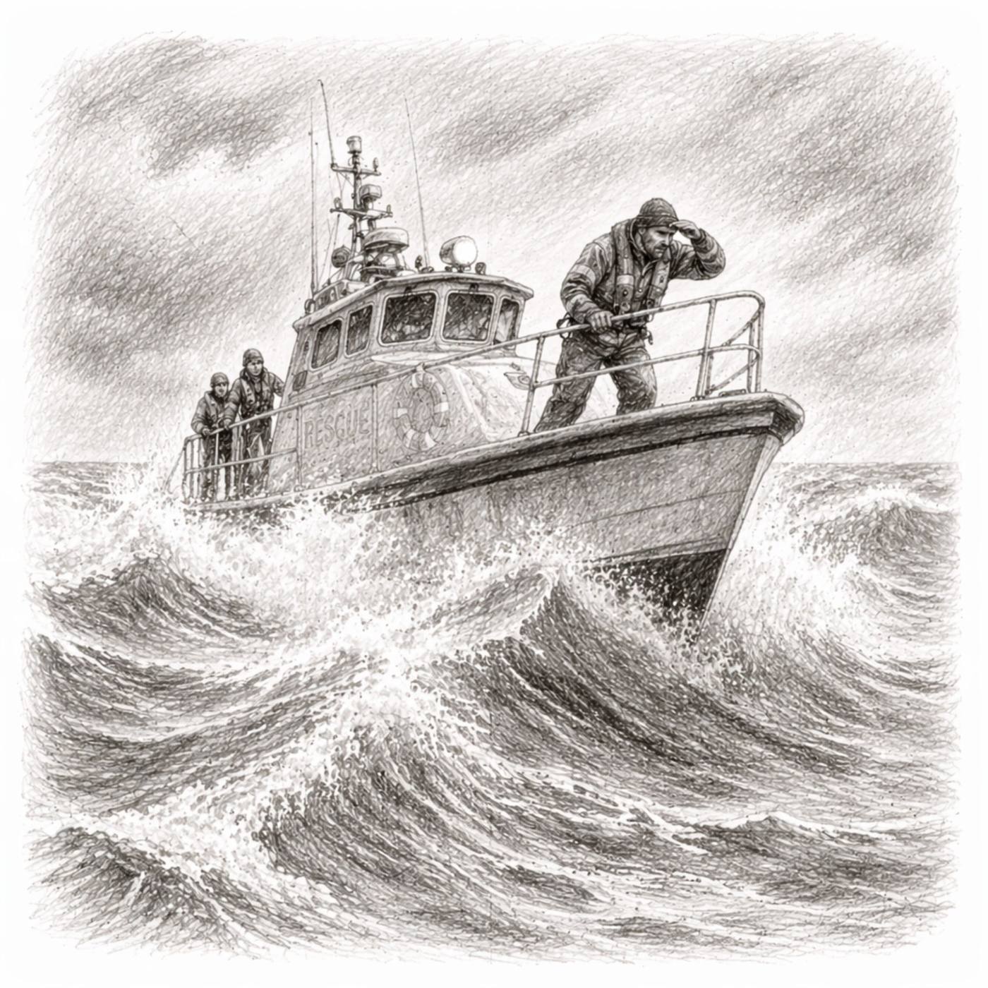 Pencil drawing of a rescue boat in heavy waves.