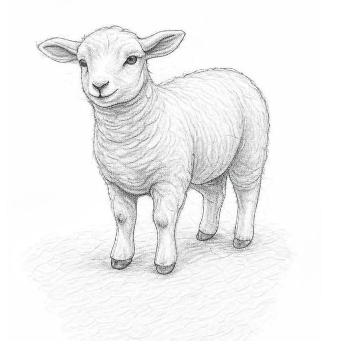 Pencil drawing of a young lamb standing and facing the viewer.