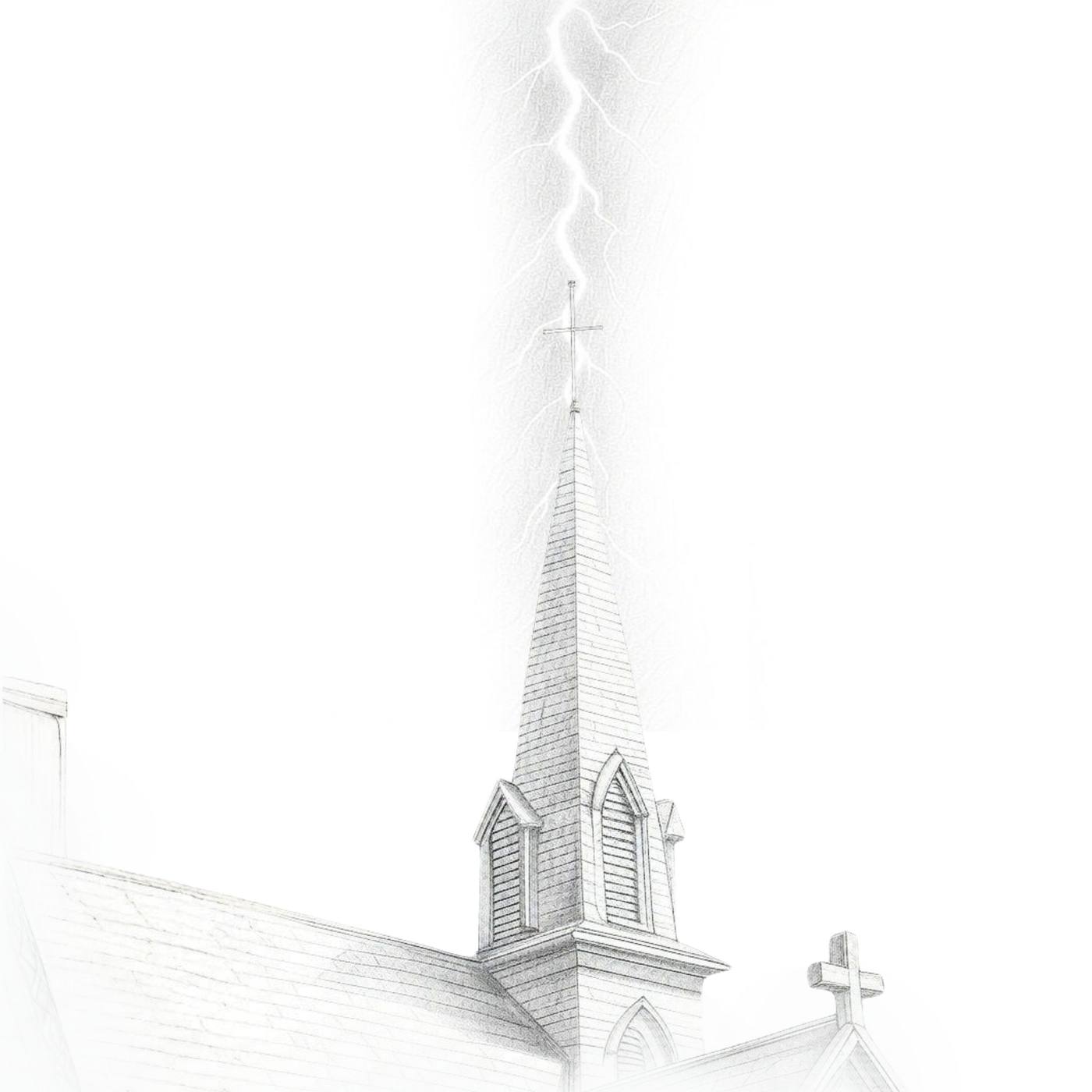 Pencil drawing of lightning striking a church steeple and cross.
