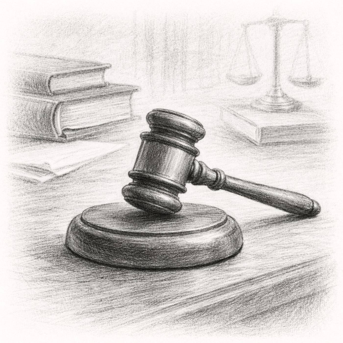 Pencil drawing of a judge’s gavel resting on its sounding block.
