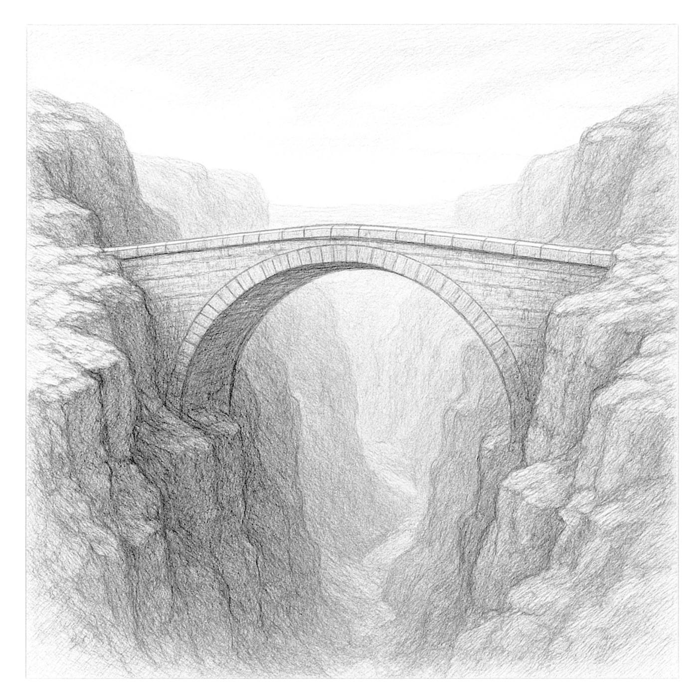 Pencil drawing of a stone bridge spanning a deep canyon.