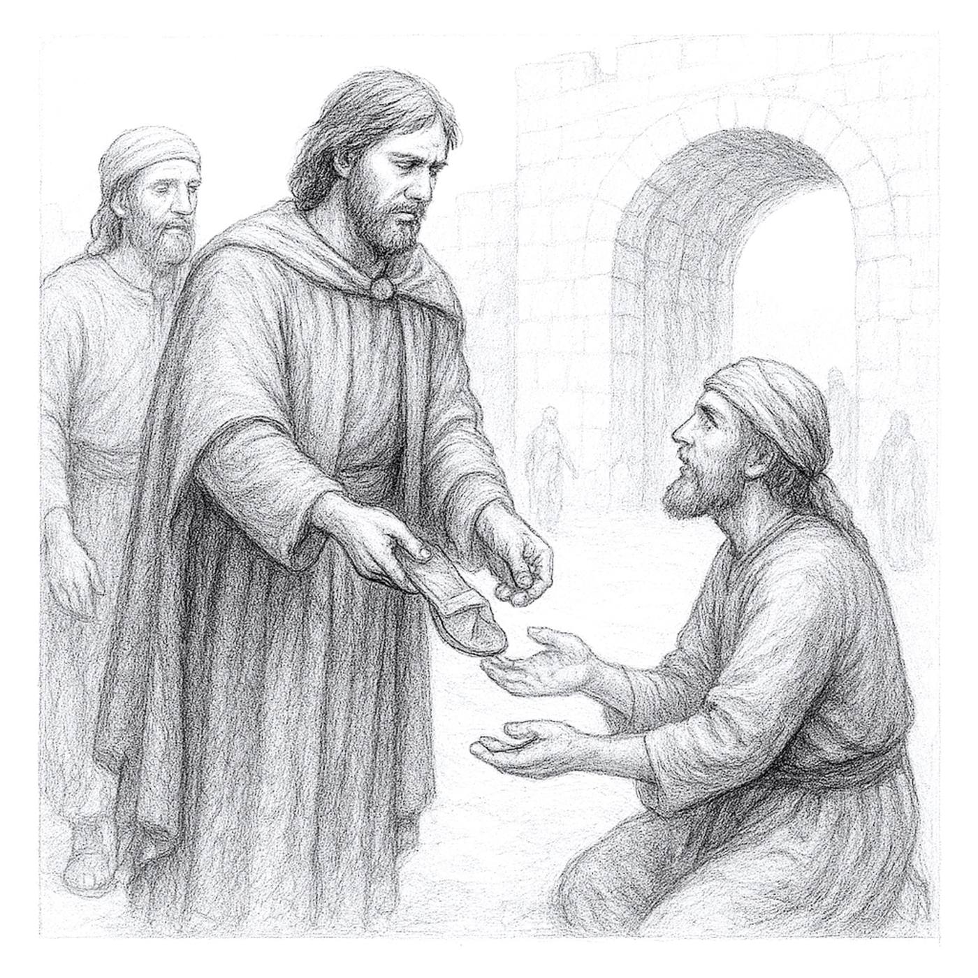 Pencil drawing of a standing man giving a ransom price to a kneeling man.