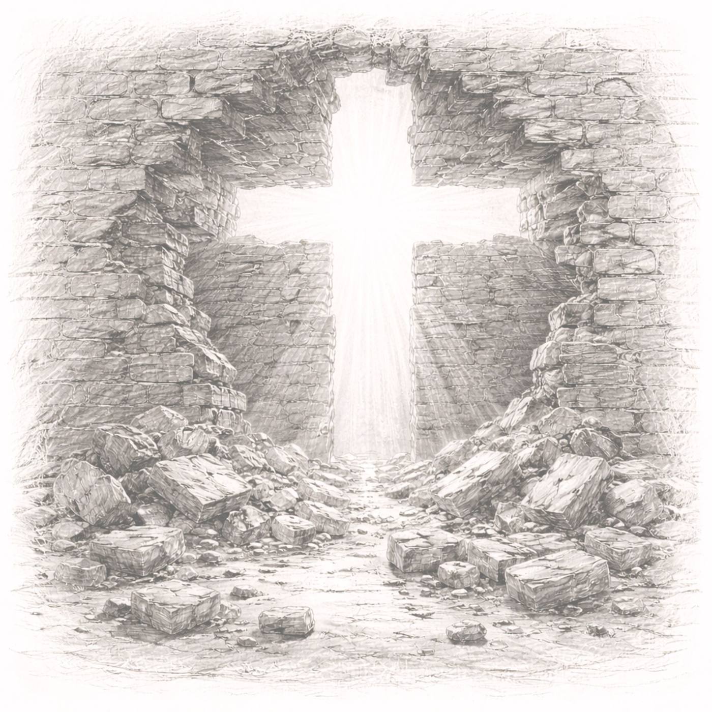 Pencil drawing of a broken brick wall with light shining through the gap.