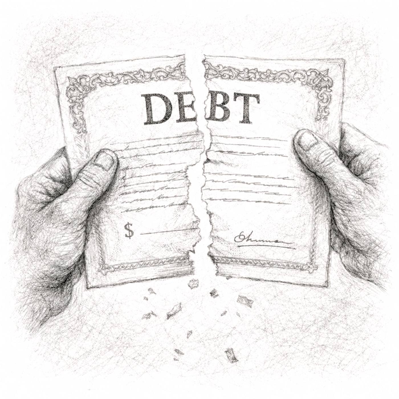 Pencil drawing of hands tearing a document labeled DEBT.
