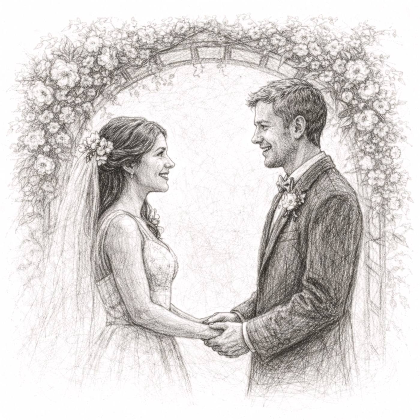 Pencil drawing of a bride and groom holding hands under a floral arch.
