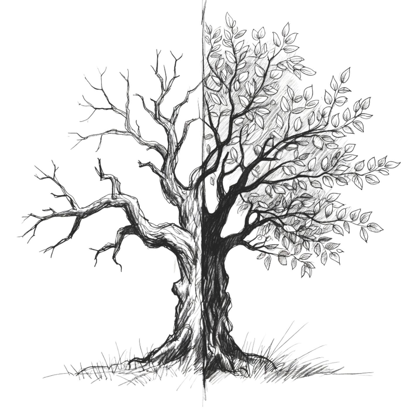 Pencil drawing of a tree, dead branches on one side and living leaves on the other.