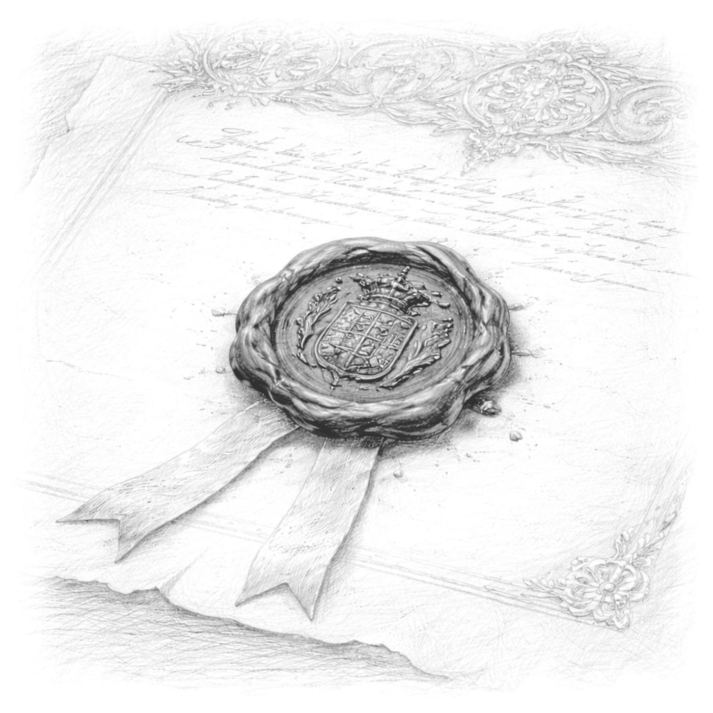 Pencil drawing of a wax seal with a ribbon on a formal document.