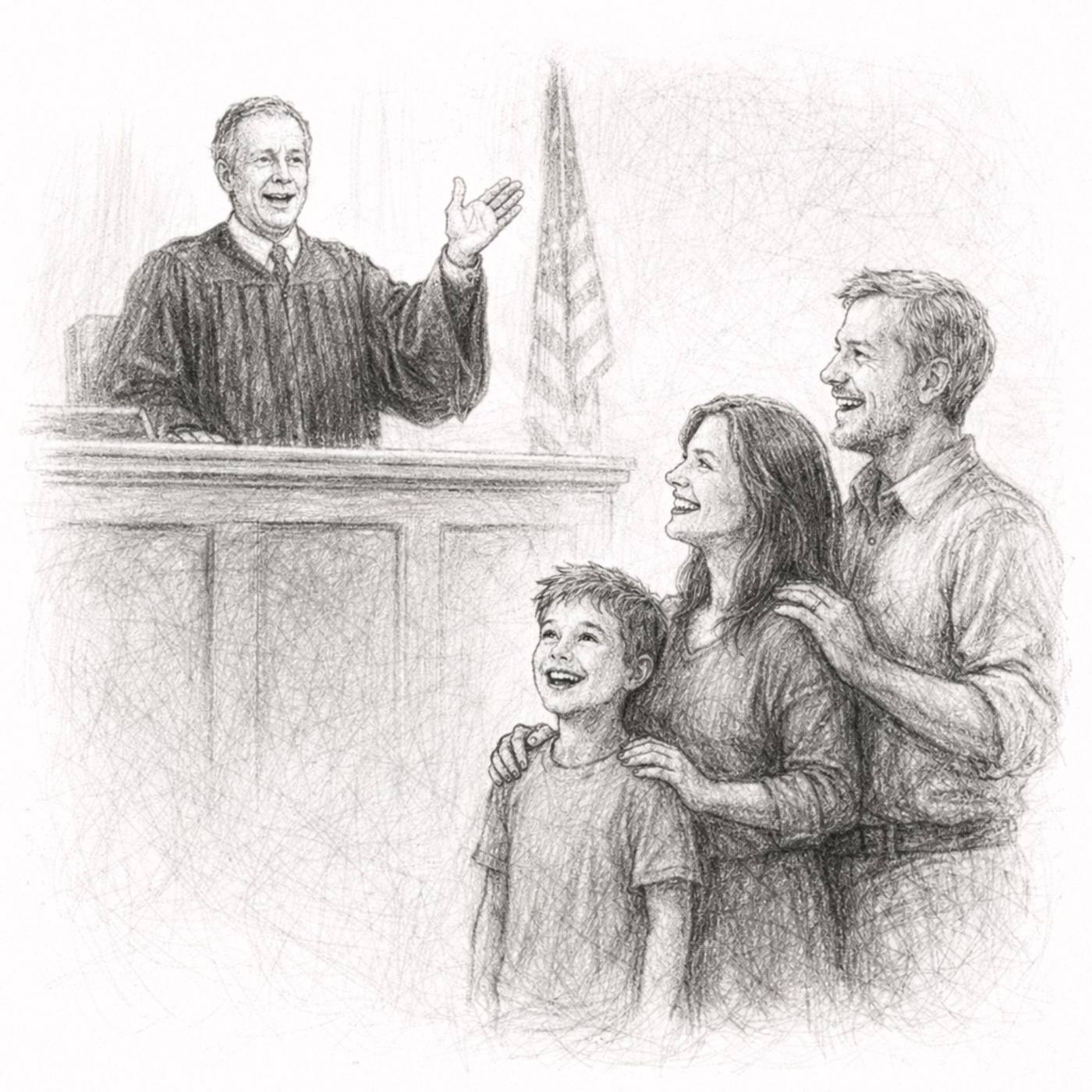 Pencil drawing of a judge and a family welcoming a child in a courtroom.