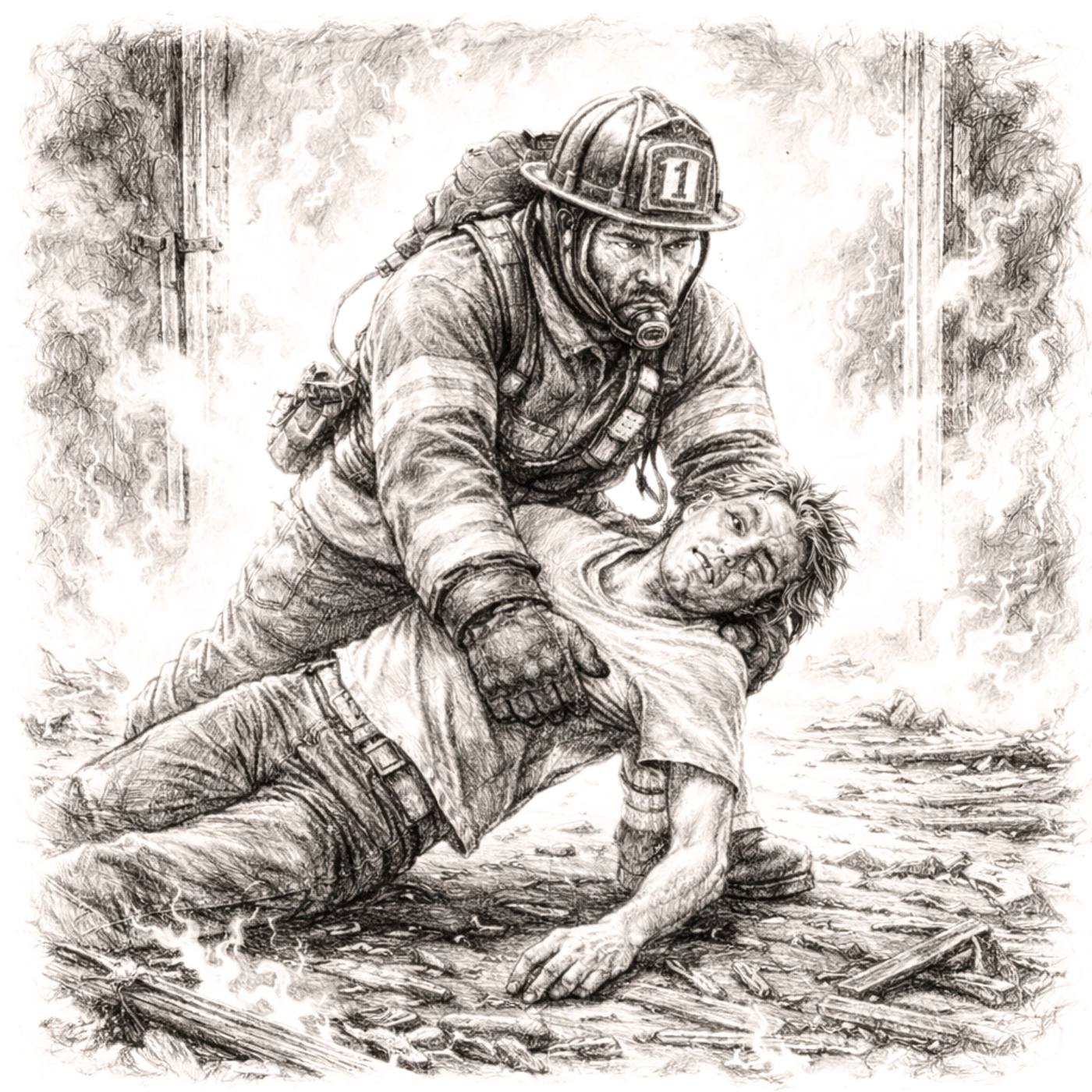 Pencil drawing of a firefighter carrying a man out of a fire.