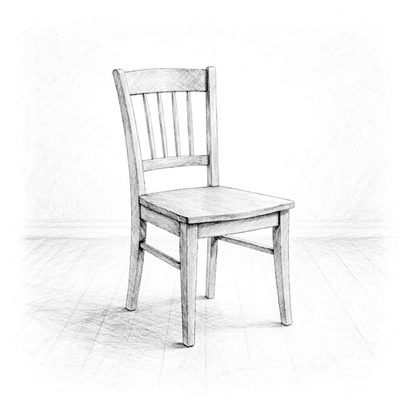 Pencil drawing of an empty wooden chair in an empty room.