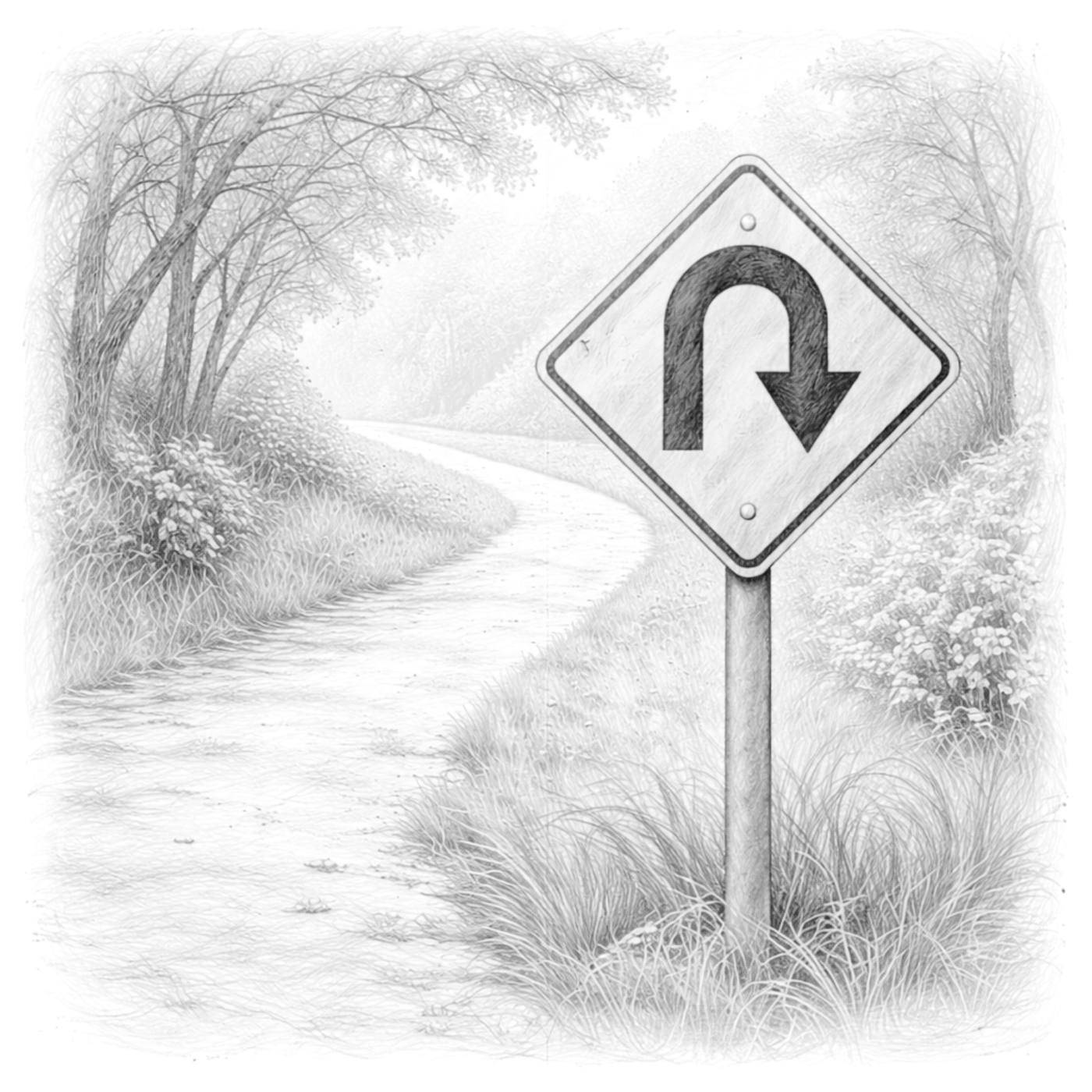 Pencil drawing of a U-turn road sign beside a country lane.