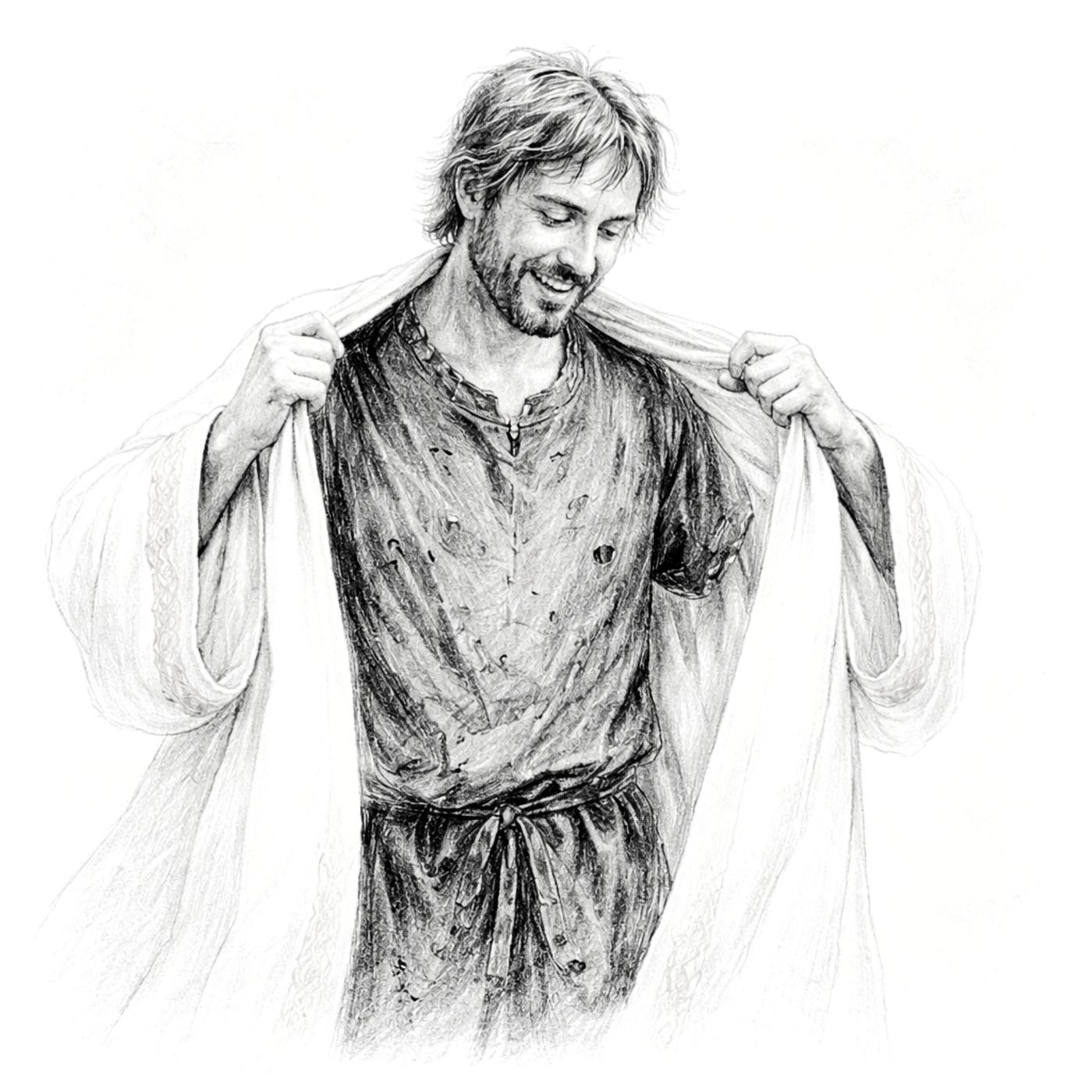 Pencil drawing of a smiling man pulling on a clean robe over worn clothes.