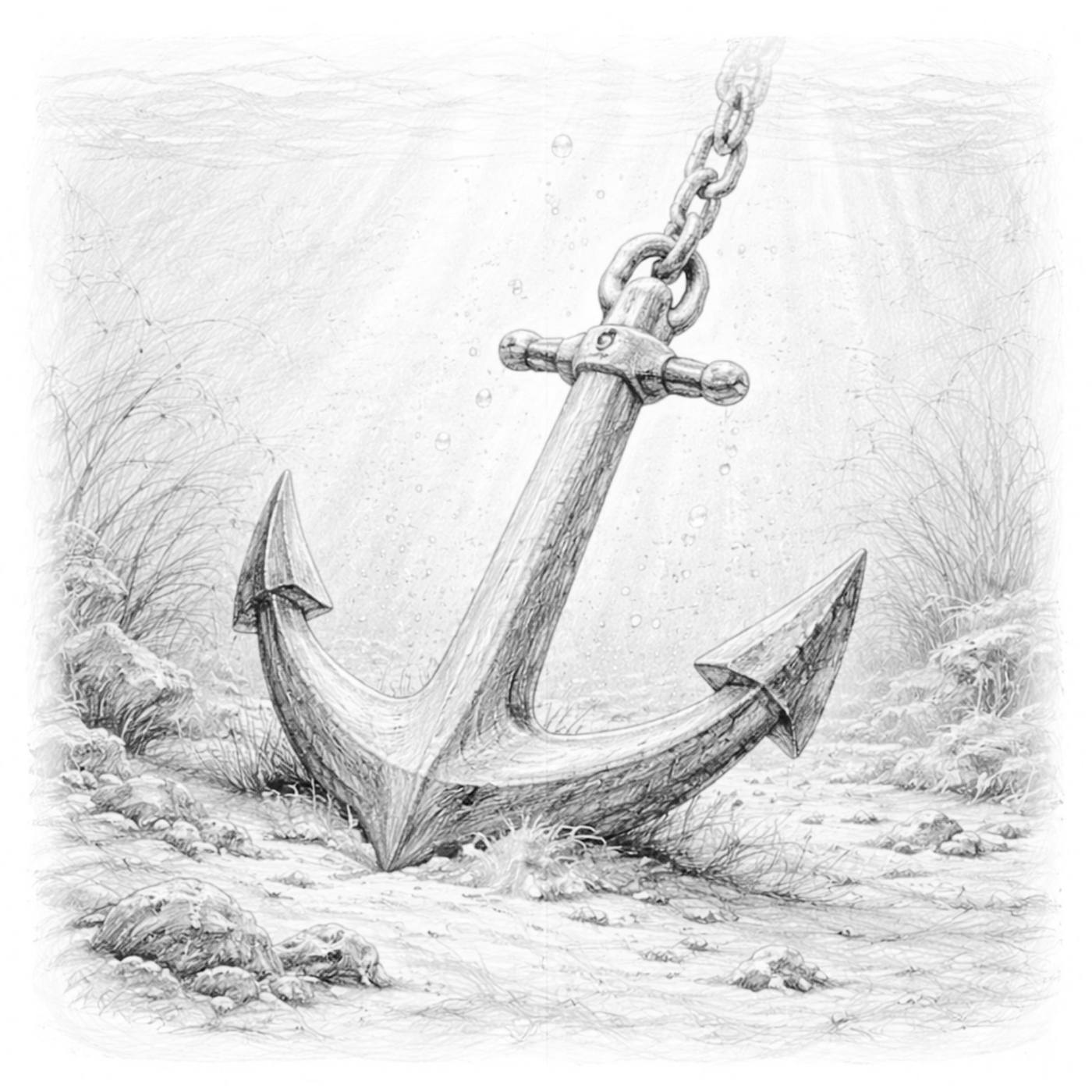 Pencil drawing of an anchor resting on the seafloor, chain rising.
