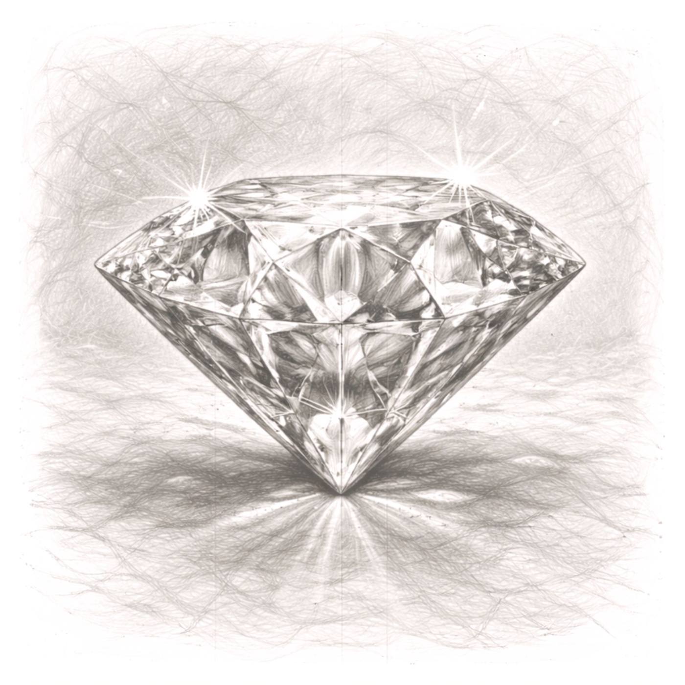 Pencil drawing of a brilliant-cut diamond on a bright surface.