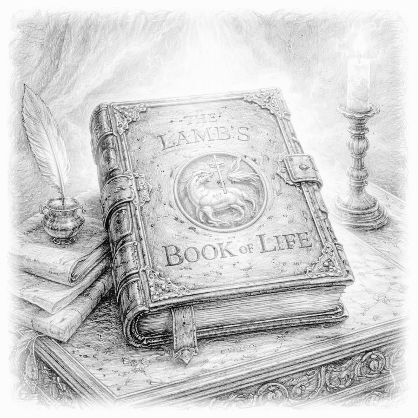 Pencil drawing of an ornate book titled The Lamb’s Book of Life, with a quill and candle.